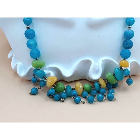 Natural Dandelion Yellow/Green Aventurine w Blue Crackle Quartz Beads Necklace - Picture 9 of 12